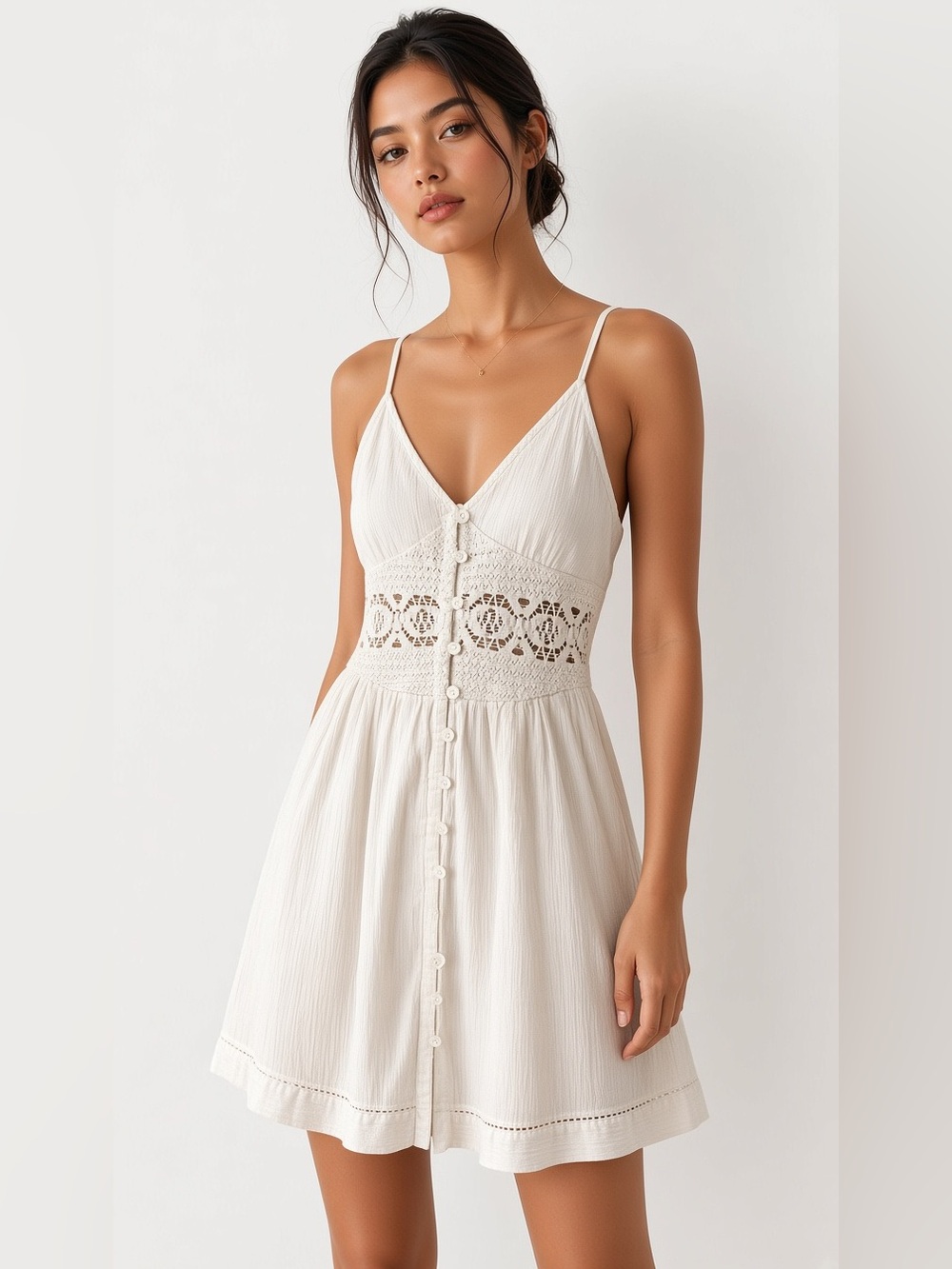 Topshop PETITE Cream Eyelet-Trim Button Mini Dress